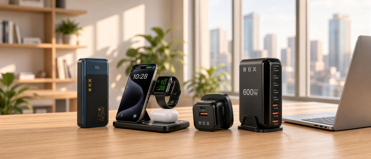 Rex 45W power bank, 3-in-1 wireless charger, 20W plug and 600W GaN charging station on an office desk