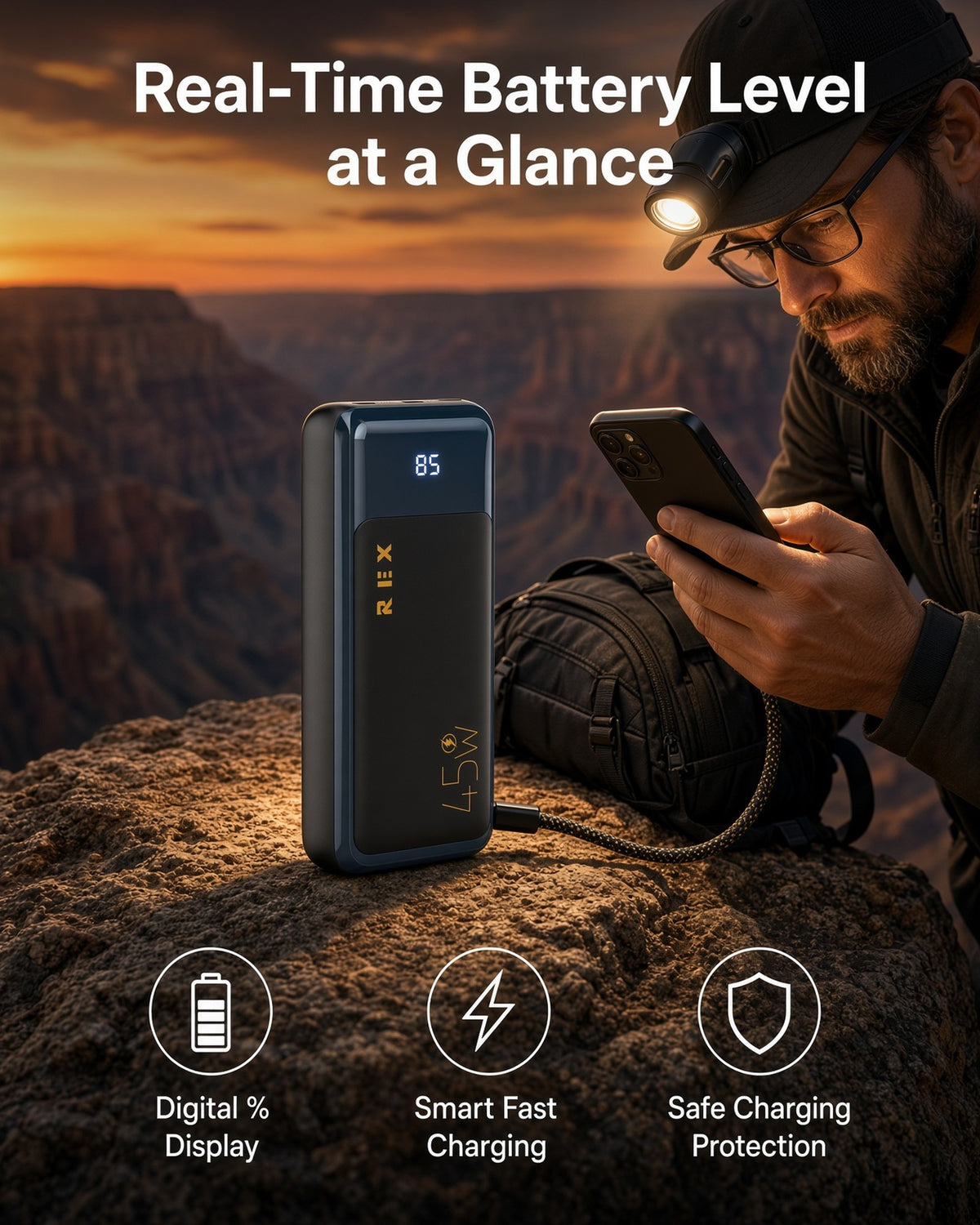 Rex P22 power bank digital battery display charging a phone outdoors