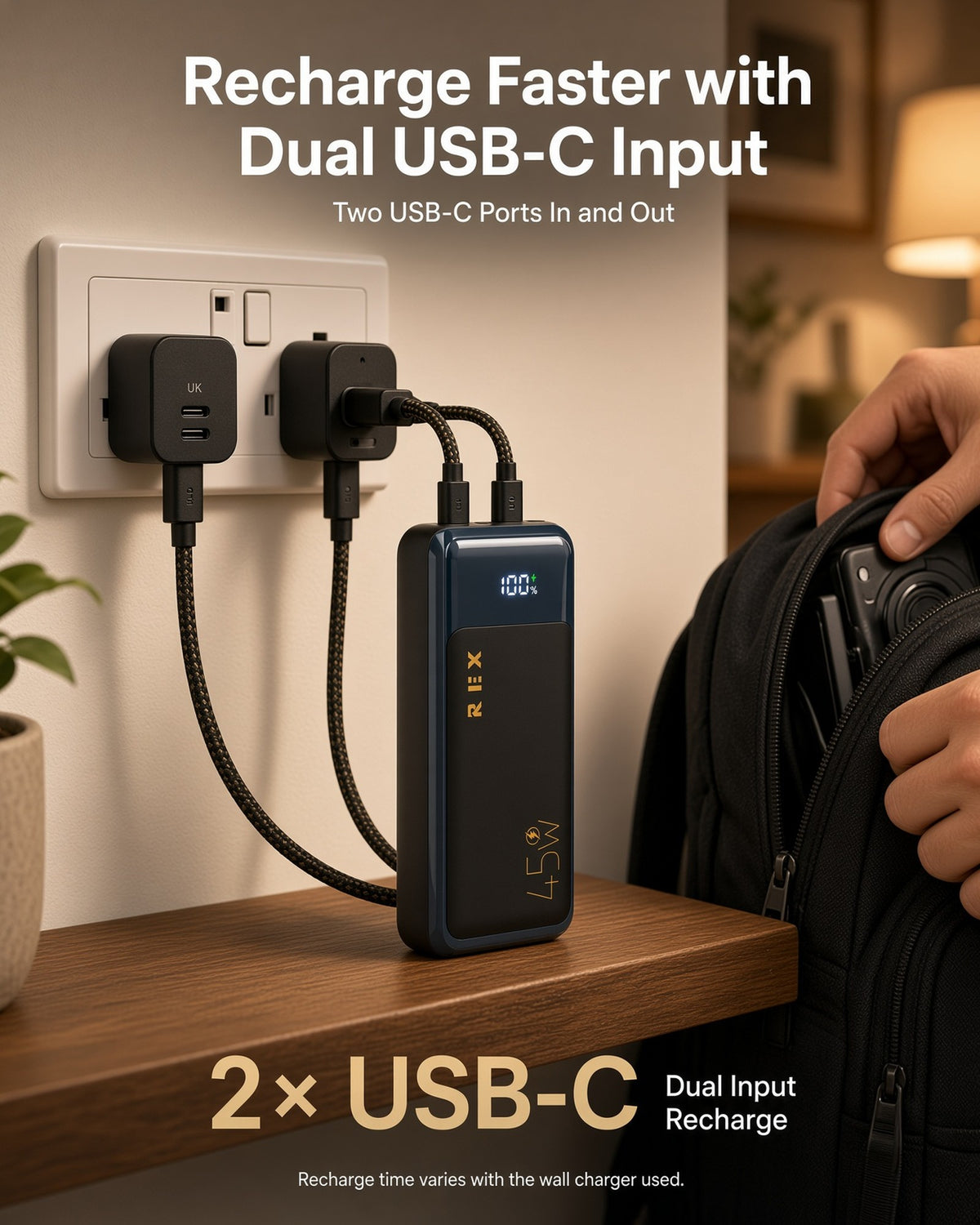 Rex P22 power bank recharging through dual USB-C input