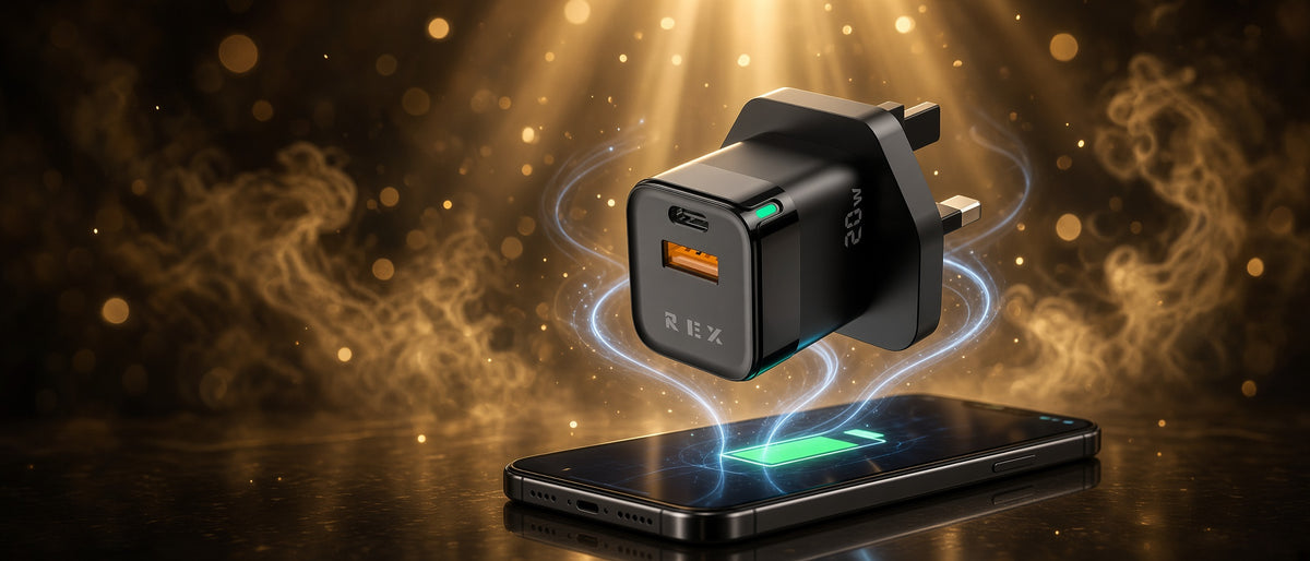 Rex LED 20W fast charging USB-C plug, black, charging a smartphone