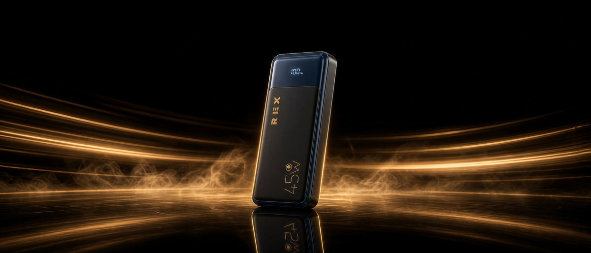 Rex P22 20000mAh 45W power bank with gold light trails