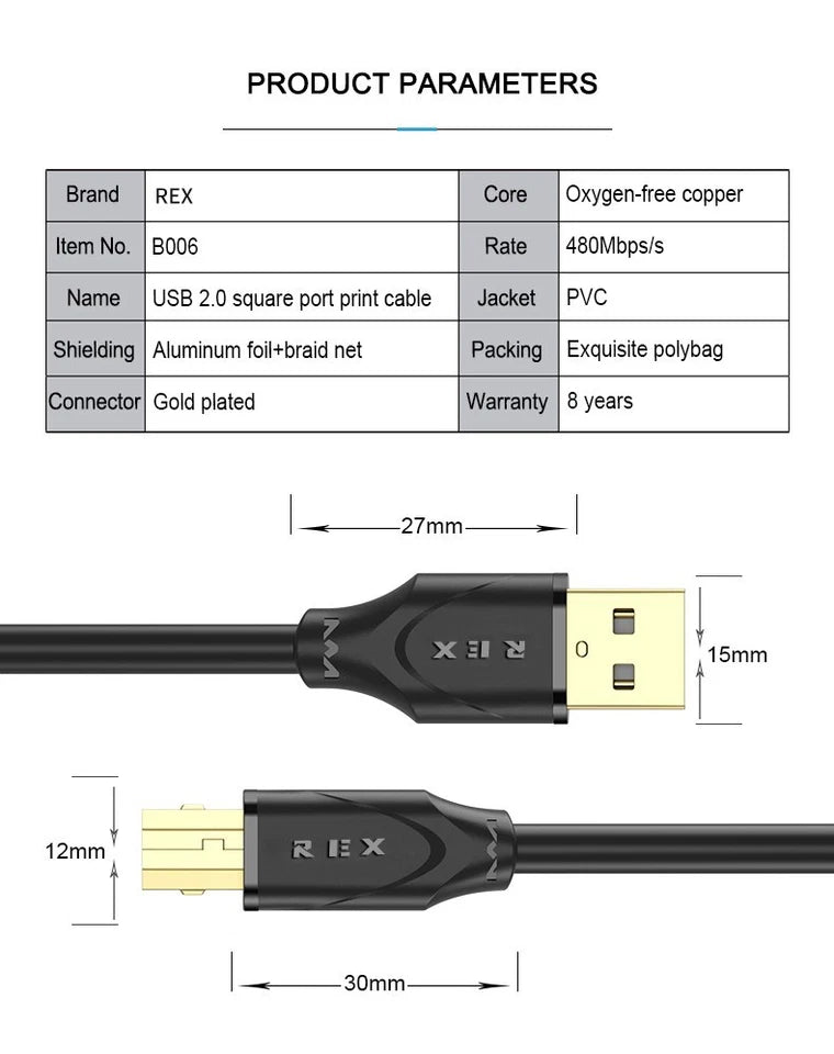USB A to Type B High Speed Cable